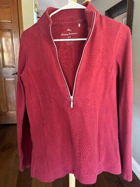 Tommy Bahama Cranberry Quarter Zip Pullover Ribbed Panel Cotton Size S